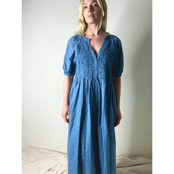 MNG Cotton Blue Smocked Puff Sleeve Maxi Dress NWT US 8 - Picture 7 of 12